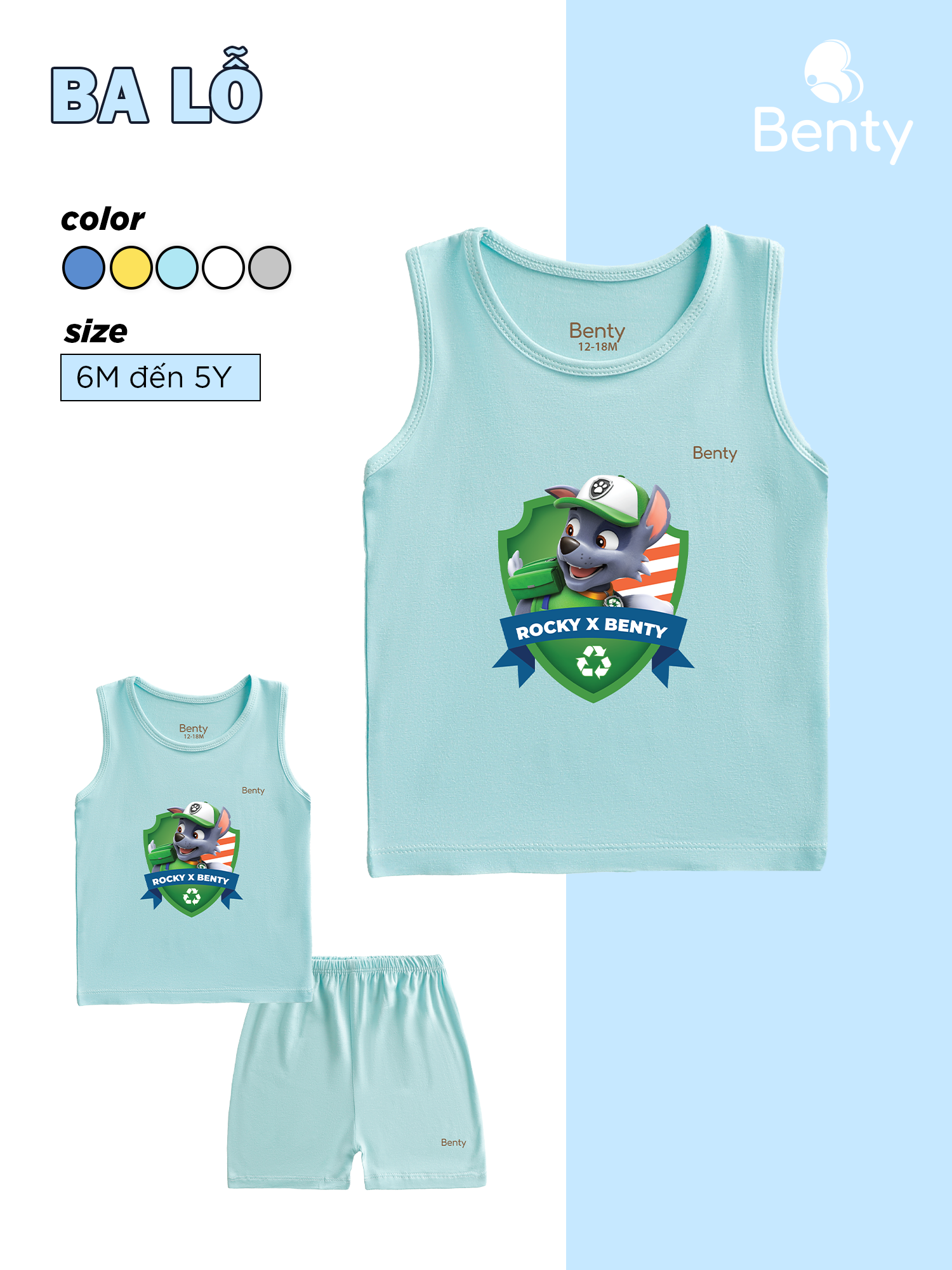 Bộ ba lỗ in chó cứu hộ Paw Patrol BENTY thấm hút mồ hôi tốt, quần áo trẻ em cao cấp chính hãng