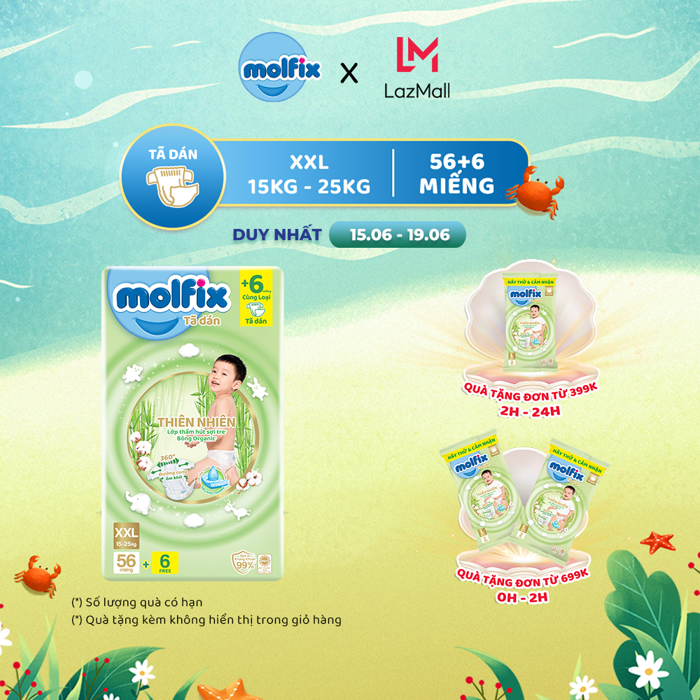 [Đơn 399K Tặng 2 miếng tã quần size L ] Tã/bỉm dán Molfix Thiên nhiên Super Jumbo XXL (15kg - 25kg) - Gói 56+6 miếng