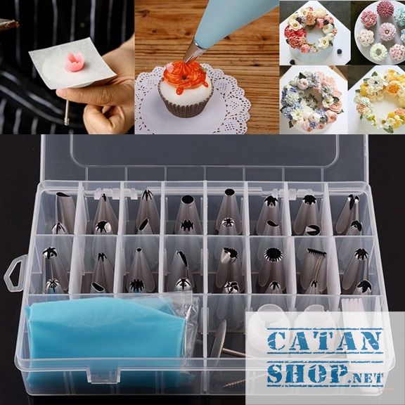 Hộp 32 đui bắt bông kem kèm chốt và túi đựng kem trang trí bánh DIY cakE - phụ kiện làm bánh GD230-BatKemLL