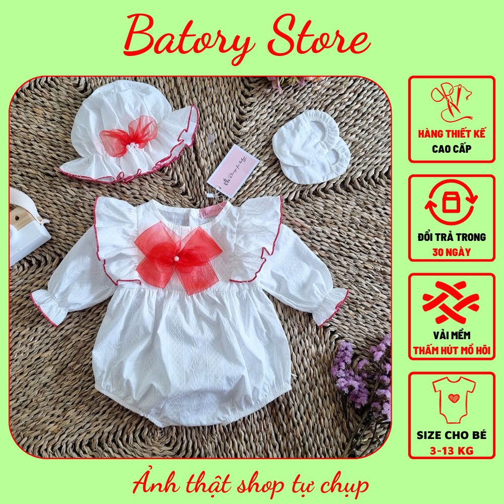 Body cho bé gái trẻ sơ sinh đến 1 tuổi màu trắng nơ handmade TẶNG KÈM VỚ NÓN hàng thiết kế cao cấp Quà tặng đầy tháng, thôi nôi, sinh nhật BATORY STORE Chuyên Váy Đầm trẻ em