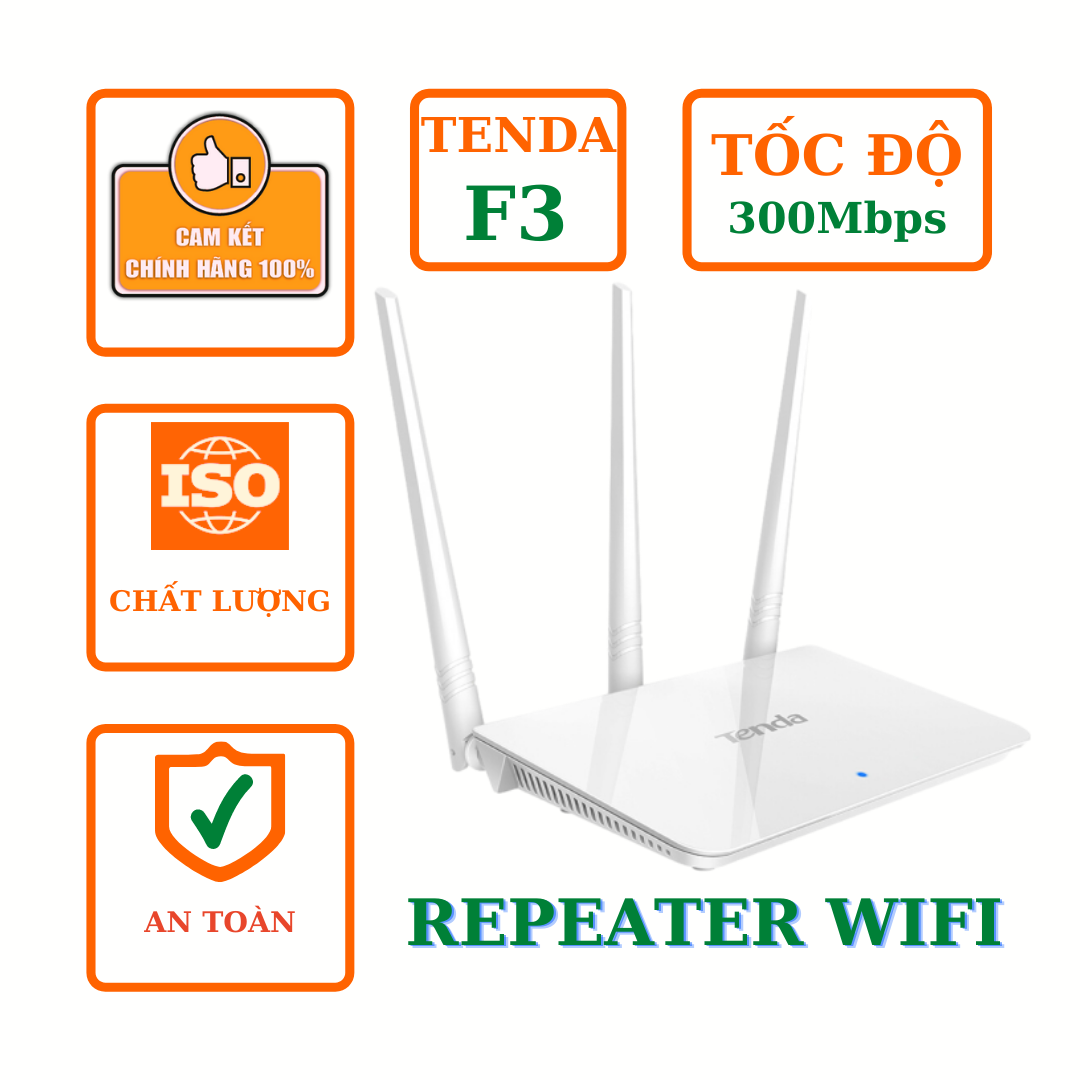 Bộ thu phát sóng Wifi và Repeater Tenda F3 Trắng TIẾNG TRUNG