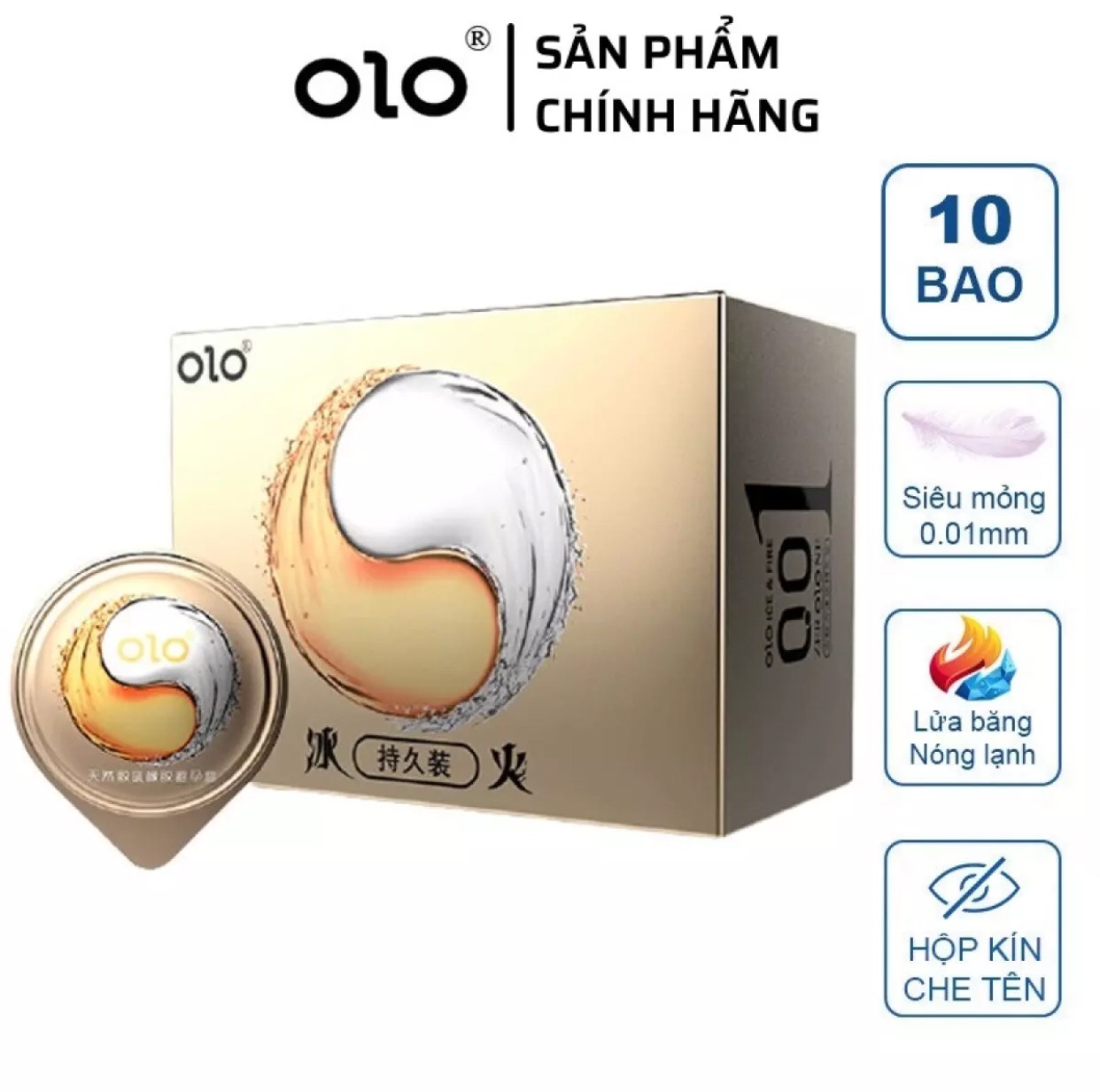 Bao cao su OLO VÀNG 001 Lửa Băng, kết hợp 2 trong 1 mang trải nghiệm mới mẻ, hộp 10 chiếc