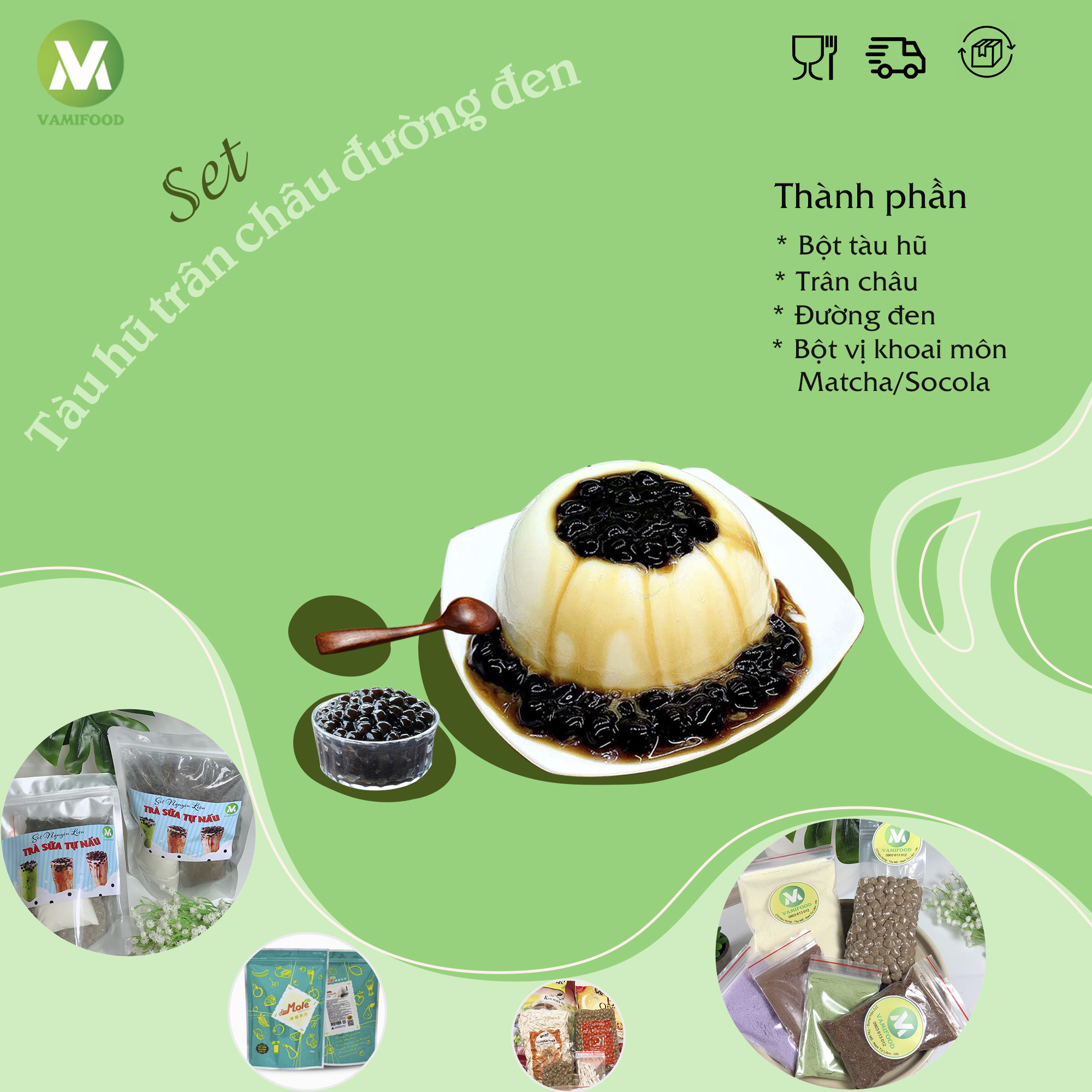 Set tàu hũ trân châu đường đen - set nguyên liệu nấu tàu hũ vị matcha, vị khoai môn, vị socola