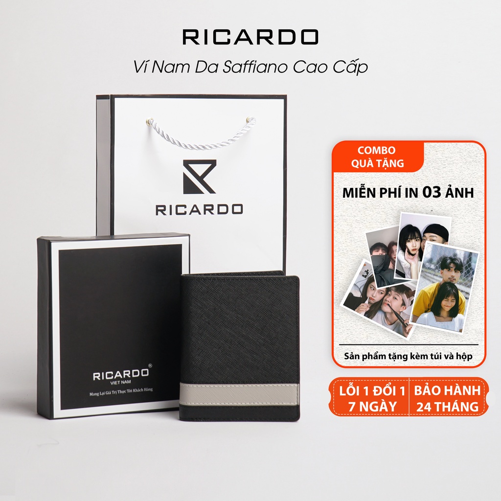 Ví nam khắc tên Cosmos phối màu da bò thật chất da Saffiano, Bóp da nam da bò thật bảo hành 2 năm - RCD01
