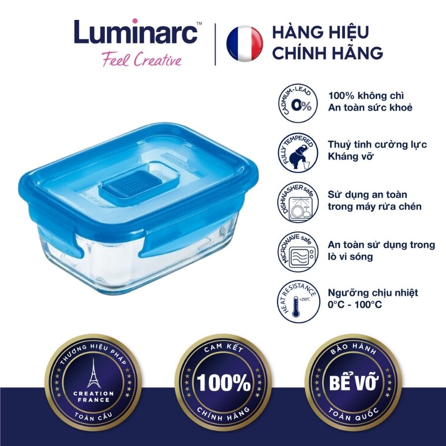 Hộp cơm thuỷ tinh luminarc pure active chữ nhật 385ml- luhol1958