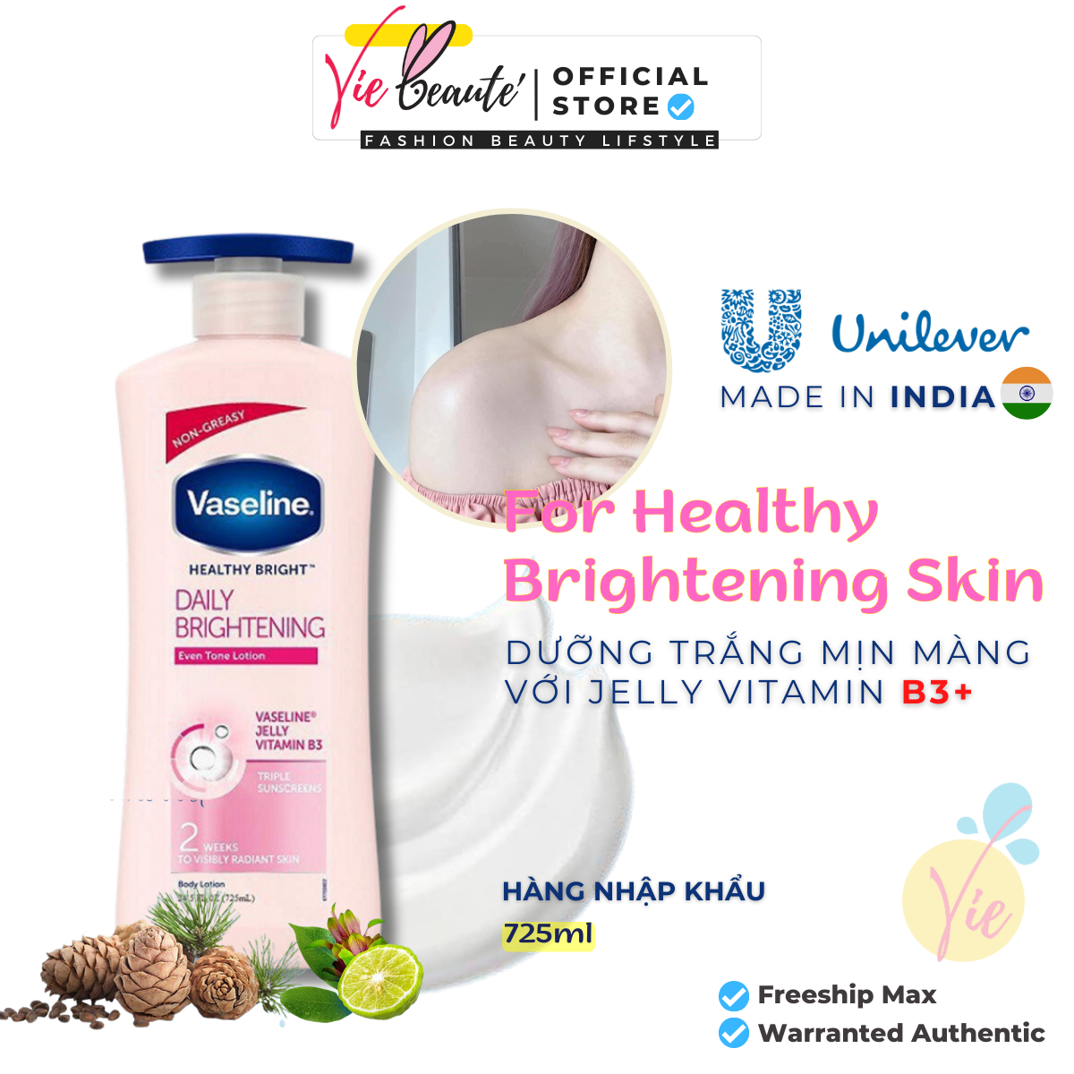 Sữa dưỡng thể Vaseline Healthy White UV Lightening body - Lotion Body Vaseline Healthy Brightening 725ml