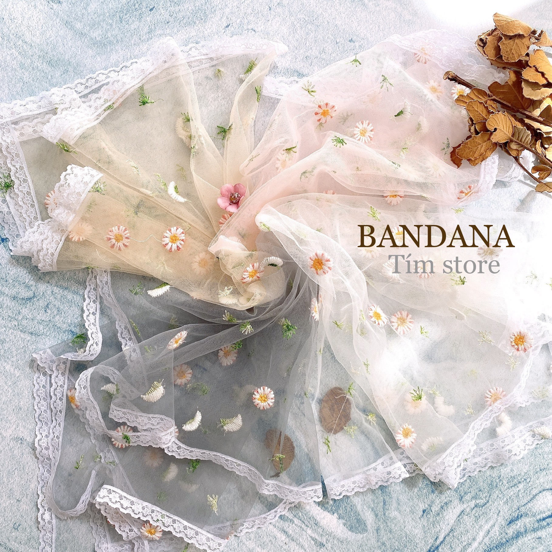 KHĂN BANDANA, CÚC LÁ THÊU VIỀN REN SANG TRỌNG, GIÁ RẺ