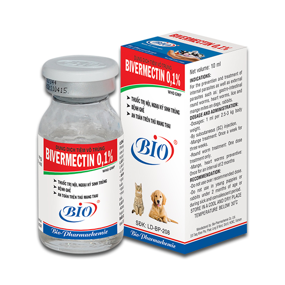 [HCM]BIVERMECTIN 0.1% Chai 10ml. Dùng cho chó mèo nhiễm nội-ngoại ký sinh trùng ve ghẻ bọ chét giun đũa giun tim