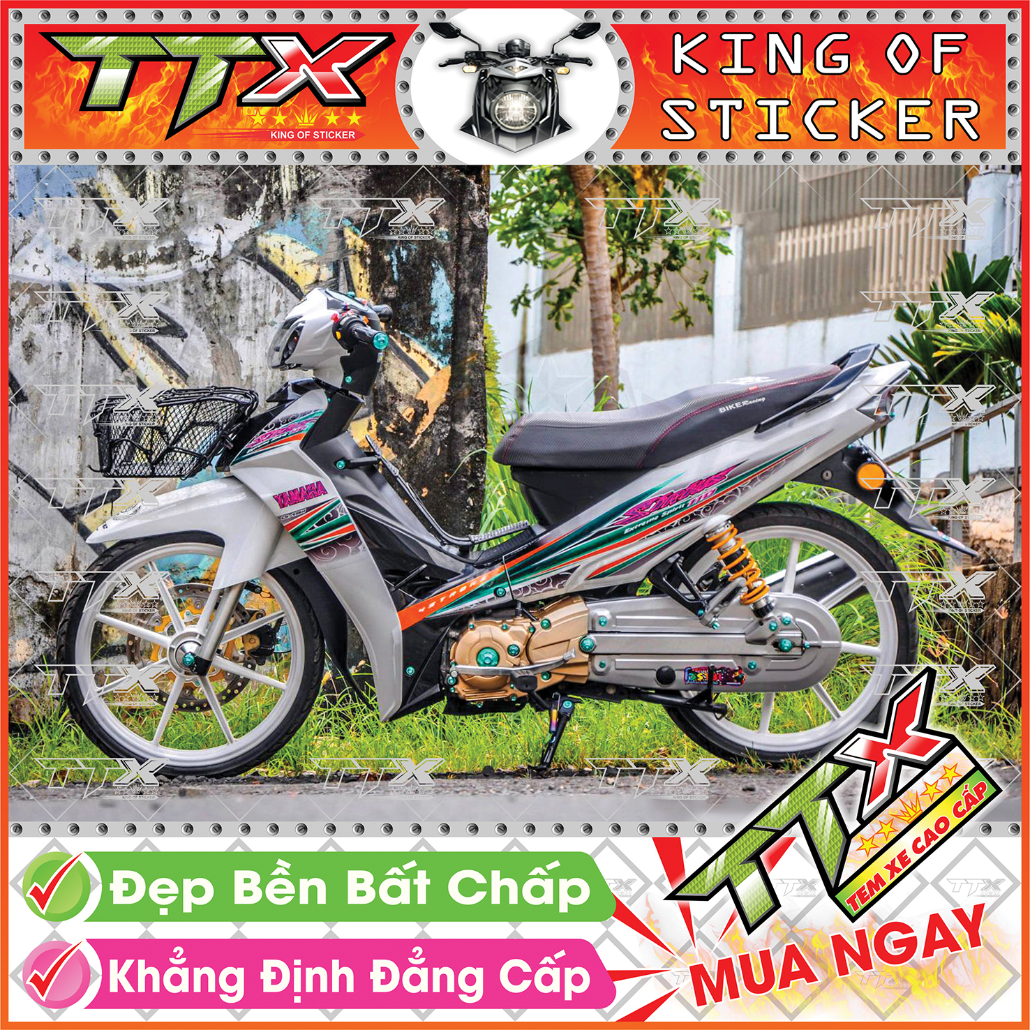 Tem xe sirius đen bạc xanh hoa văn xoắn - tem sirius 110 xanh xám đen siêu đẹp - mẫu team sirius đen bạc xanh