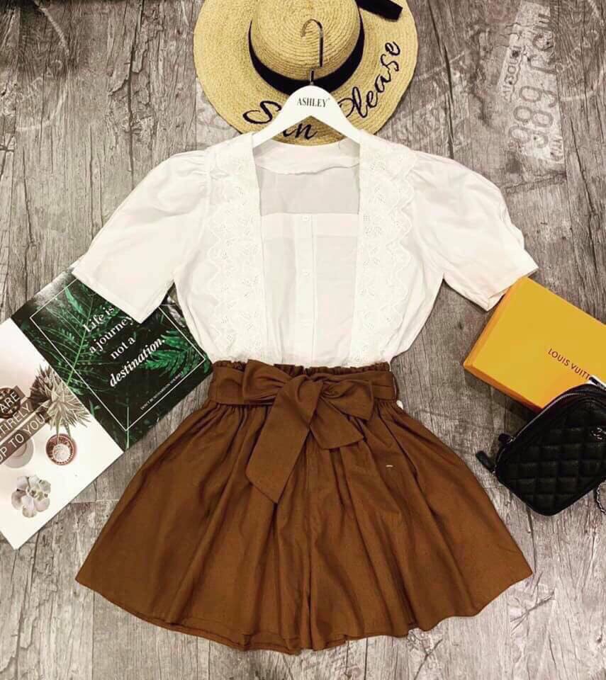 [HCM]Sét bộ rời quần đùi giả váy +áo cổ vuông chạy ren 2 bên tay lỡ cột nơ eo