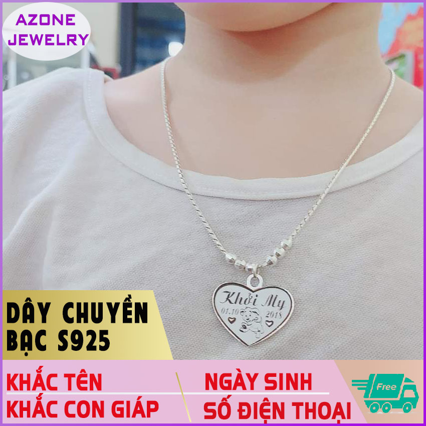 Dây chuyền | Dây chuyền trẻ em bạc S925 [FREESHIP] Dùng cho cả nam và nữ Mặt trái tim [ĐẶC BIỆT] Khắc tên, khắc hình con giáp, khắc ngày tháng năm sinh, khắc số điện thoại #AZDC010 - Azone Jewelry Dây chuyền | Dây chuyền khắc tên