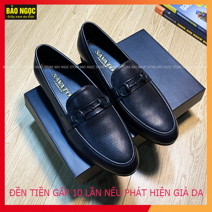 Giày Lười Nam Da Bò Dập Vân Chấm Nhỏ Cao Cấp - Băng Xích Đen - Bảo Hành 12 Tháng - Hàng Xuất Dư - Mã K2218