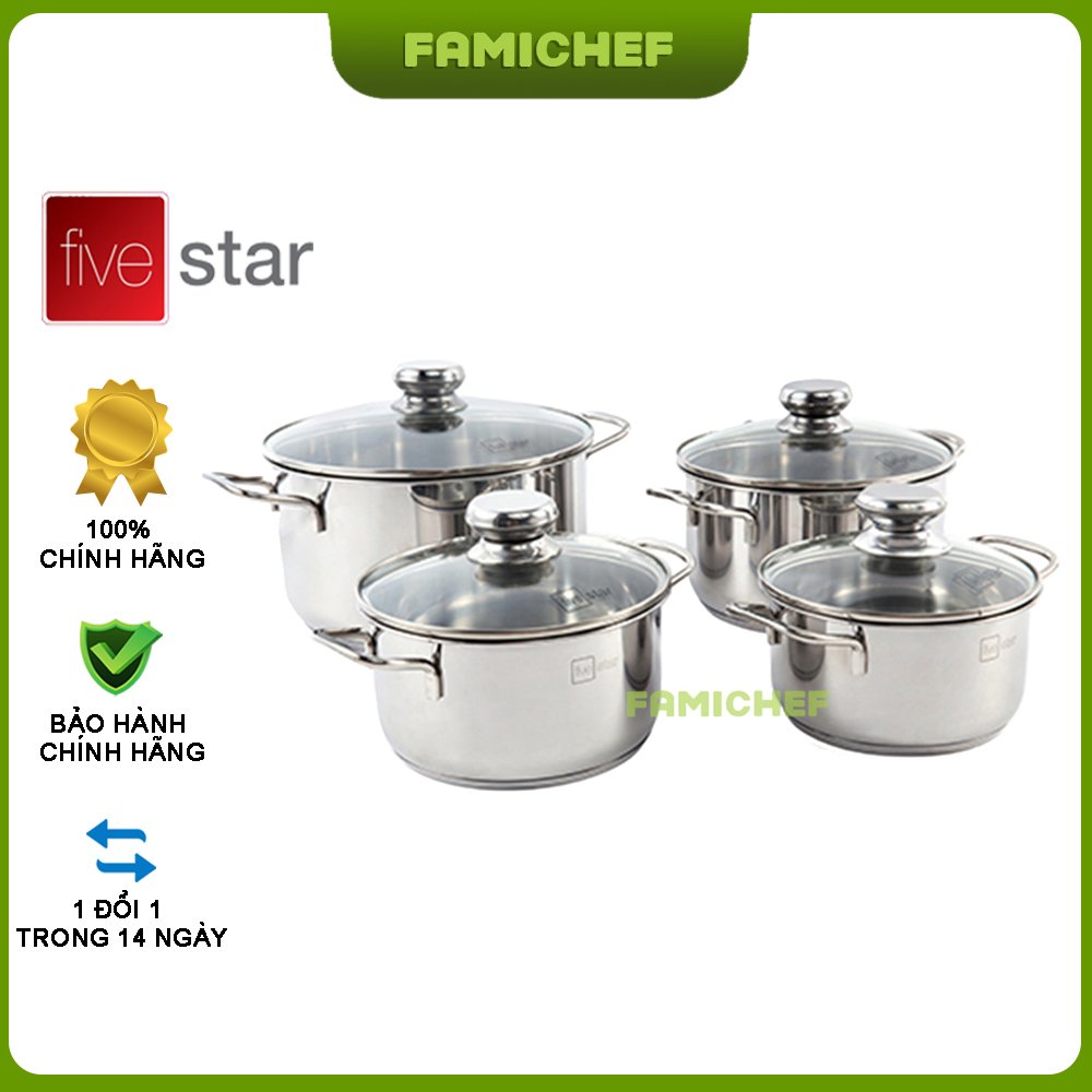 Bộ 4 nồi inox 3 đáy nắp kính fivestar fs08cg