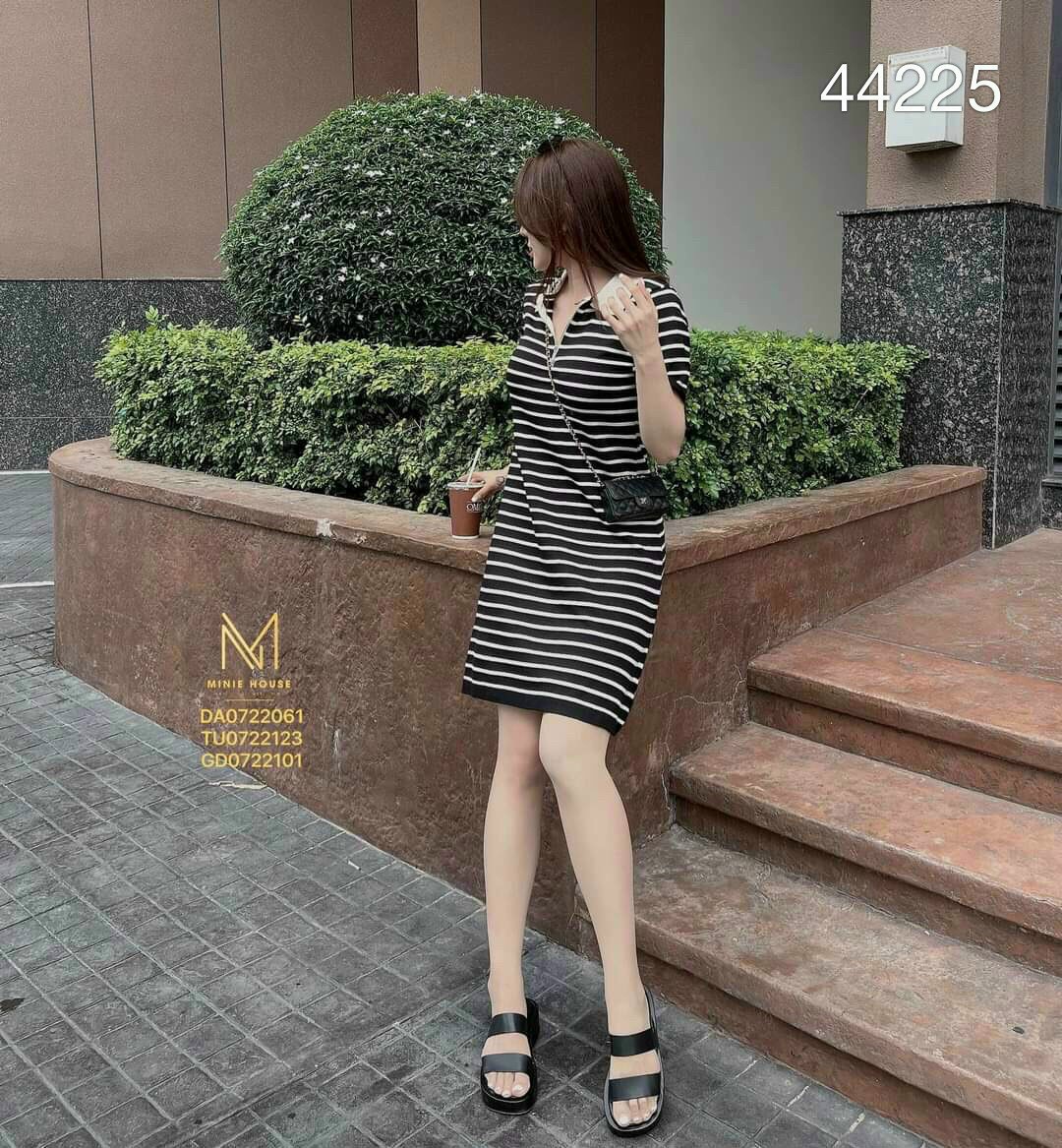 Đầm váy nữ sọc ngang chất thun xinh xắn, Đầm nữ POLO cổ bẻ, đầm dáng suông, đầm tiểu thư đi tiệc 2 màu trắng đen sọc ngang