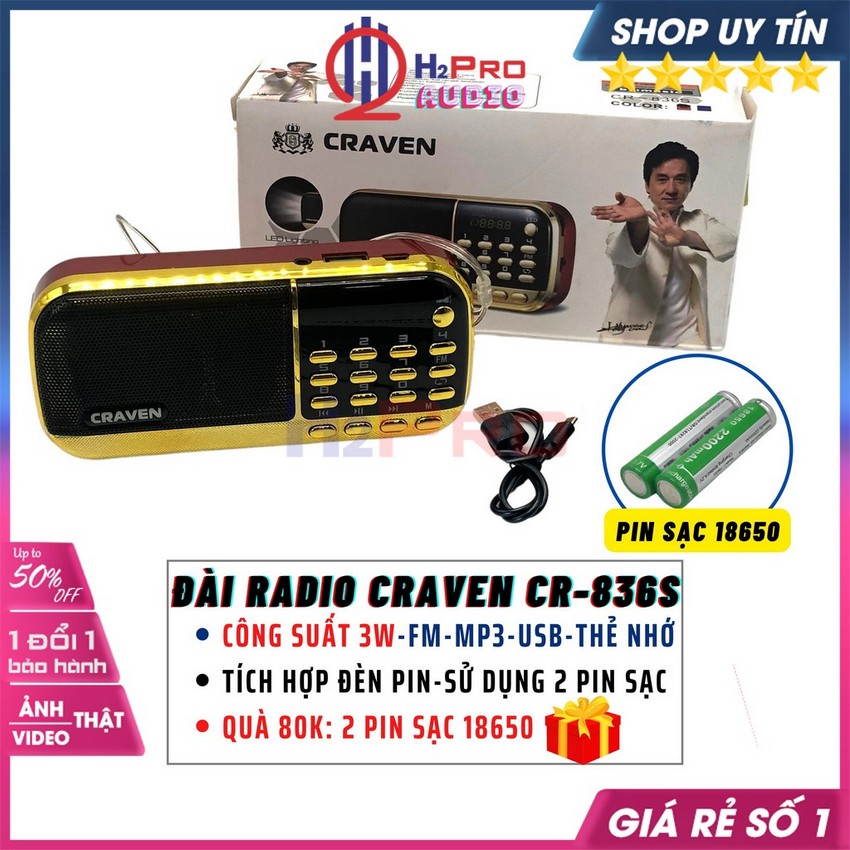 Đài thẻ craven cr-836s 3w radio fm-mp3-usb-thẻ nhớ-đèn pin, loa thẻ nghe nhạc mini cao cấp, tặng 2 pin sạc-h2pro audio