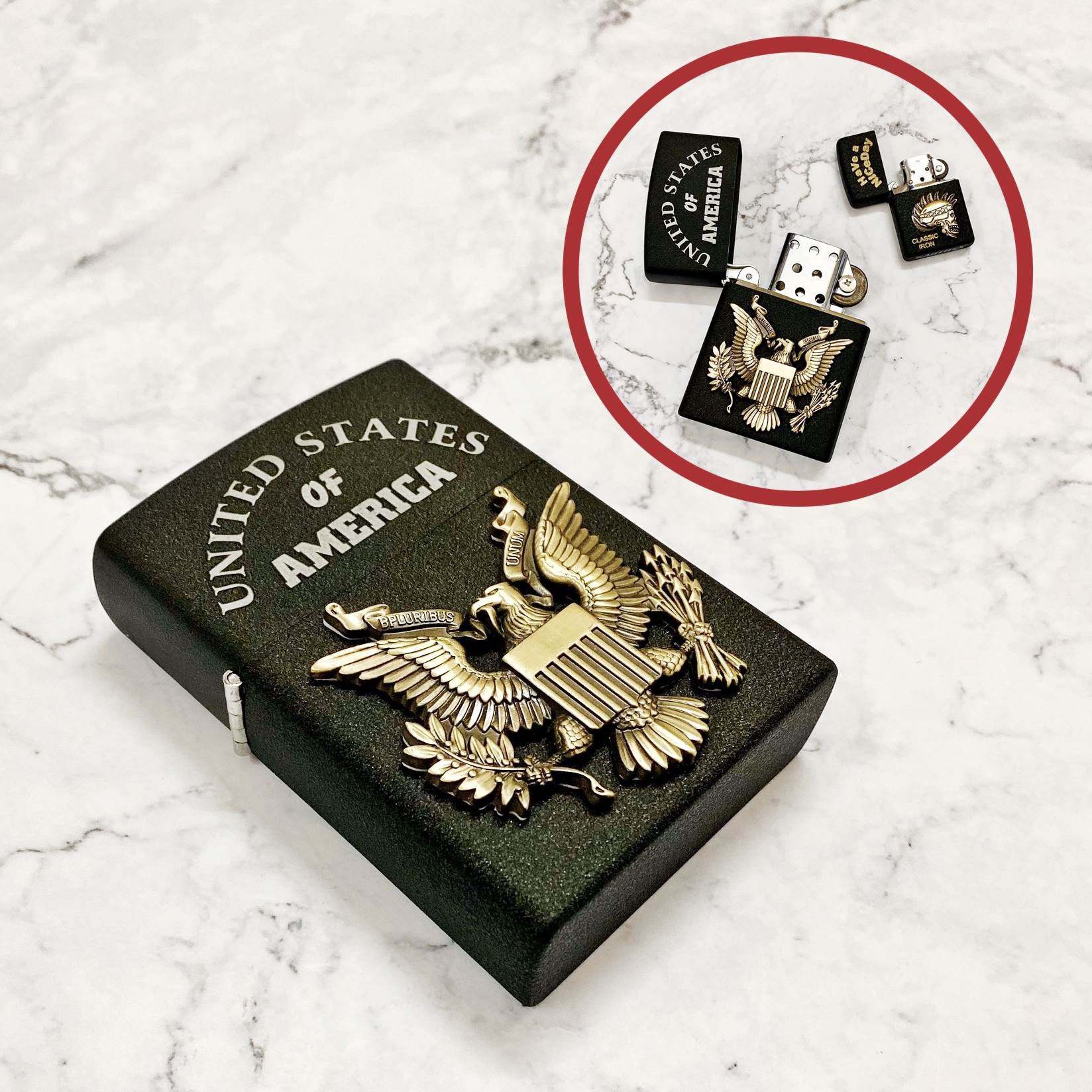 BẬT LỬA ZIPPO KHỔNG LỒ ĐEN NHÁM HÌNH ĐẠI BÀNG NƯỚC MỸ "HỢP CHỦNG QUỐC HOA KỲ" (SIZE: 8CM X 11,5CM) NẶNG: 500GAM - (XÀI XĂNG)