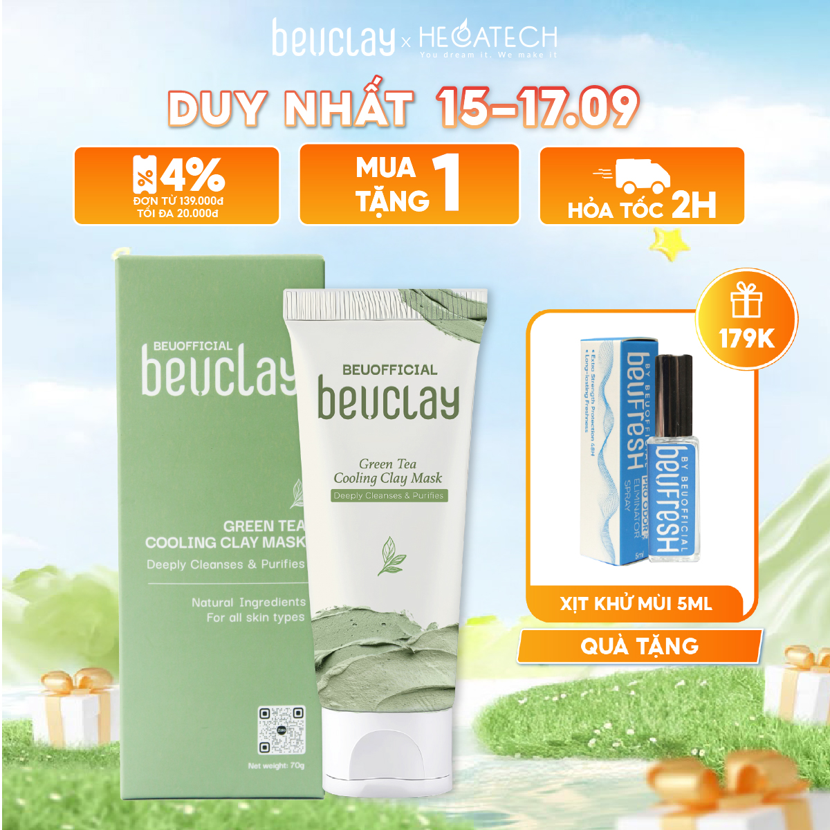  Mặt nạ bùn đất sét BEUCLAY trà xanh sáng da se khít lỗ chân lông kiểm soát dầu ngăn ngừa mụn cám mụn đầu đen 