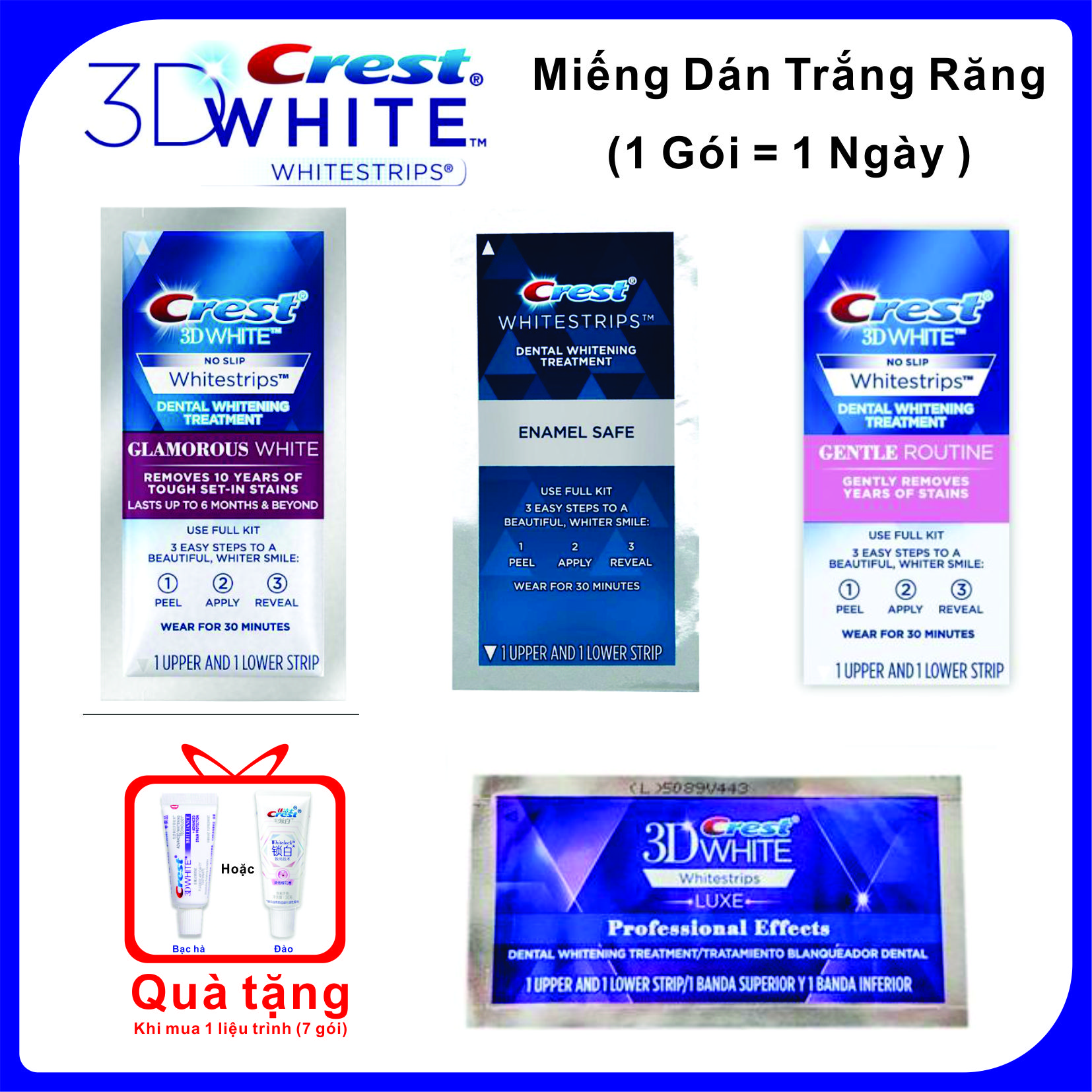 [Combo 4 Gói] Miếng dán trắng răng Crest 3D White (Professional Effects / Glamorous / Gentle Routine)