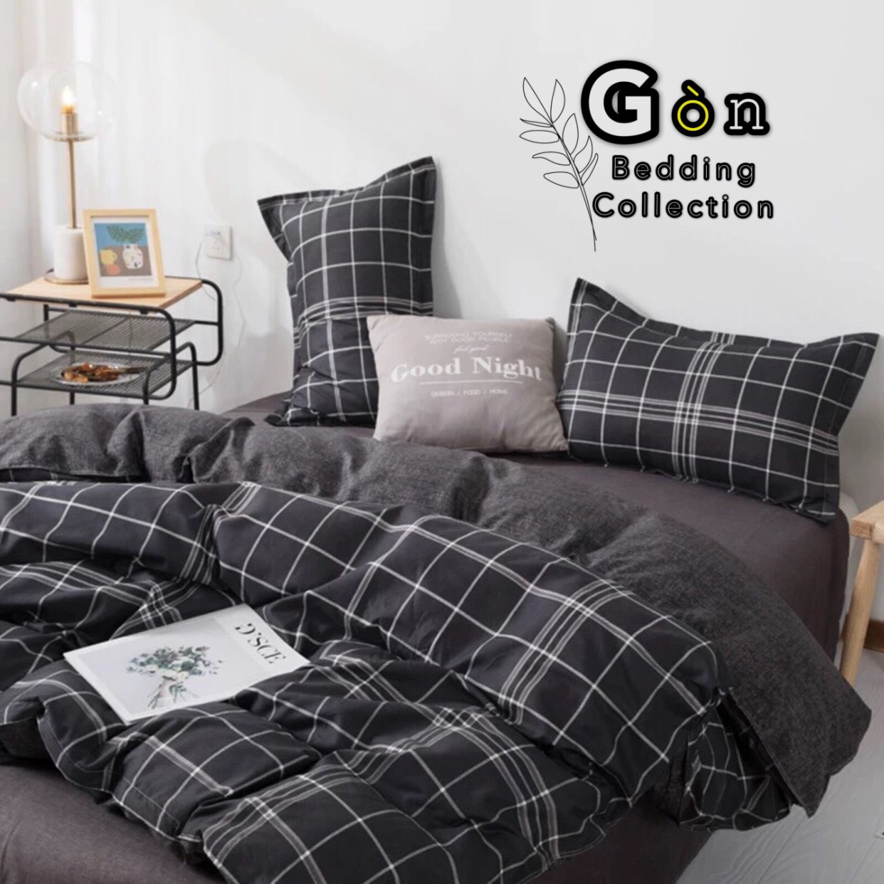 Bộ Chăn Ga Gối Cotton Poly , Kẻ Đen , Chất Liệu Thoáng Mát , Kích Cỡ Đa Dạng ( 1 Grap , 1 Vỏ Chăn , 2 Vỏ Gối ) By. Gòn