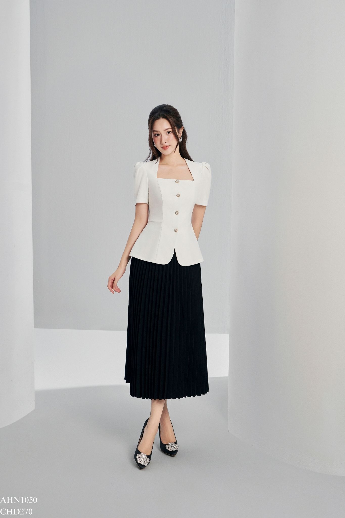 Chân váy dập ly xòe dáng dài tiinstore chd270