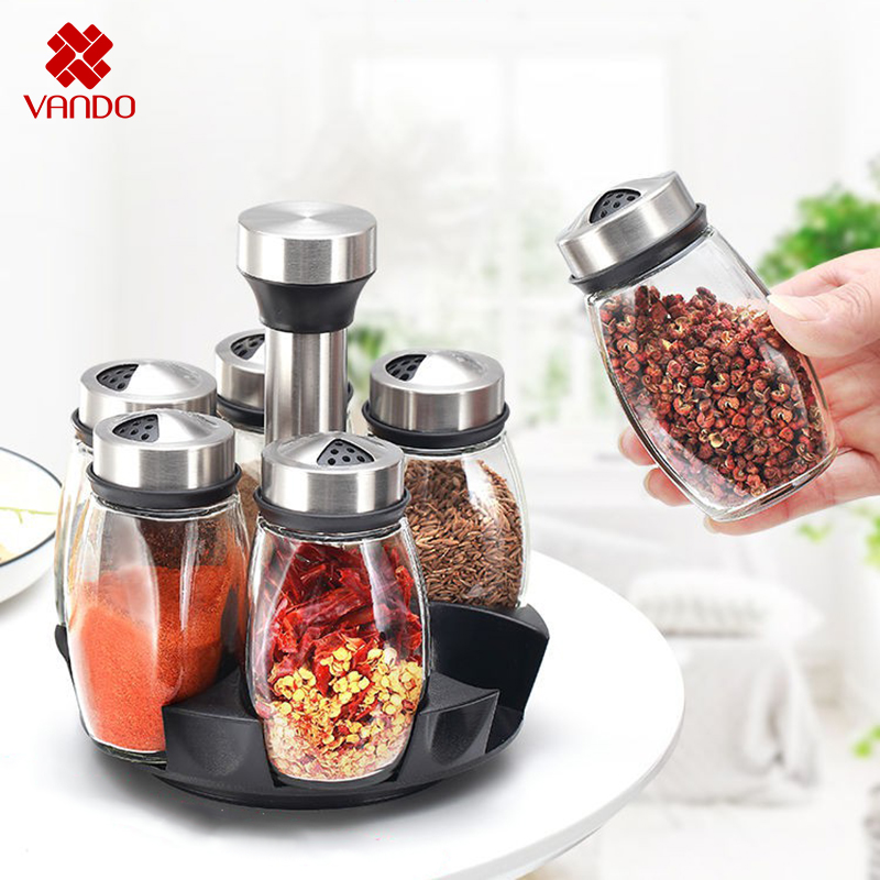 Bộ 6 Lọ Đựng Gia Vị Thủy Tinh Chống Vỡ Kèm Giá Để Xoay 360 Độ VANDO, Kệ Gia Vị Nhỏ Thông Minh Tiện Lợi Thiết Kế Tinh Tế
