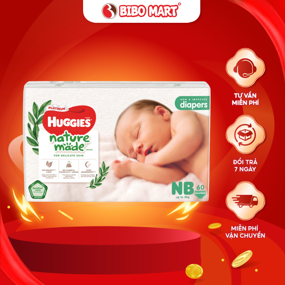 Bỉm Tã Dán Huggies Platinum Nature Made Thấm Hút Khóa Tràn Vượt Trội Size NB 60 Miếng (Cho Bé Đến 5kg) - Bibo Mart
