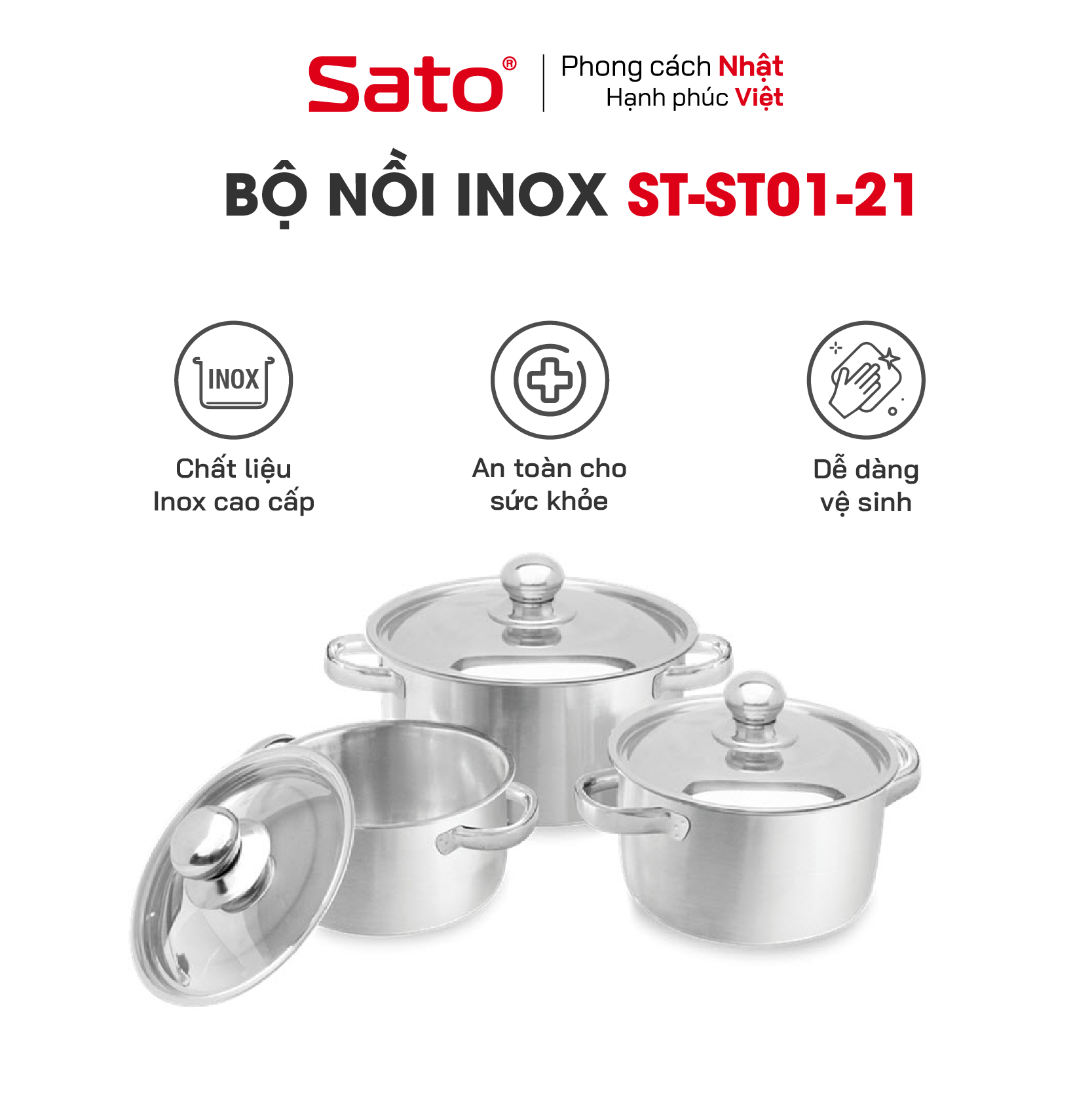 Bộ nồi inox 1 đáy sato st01-21