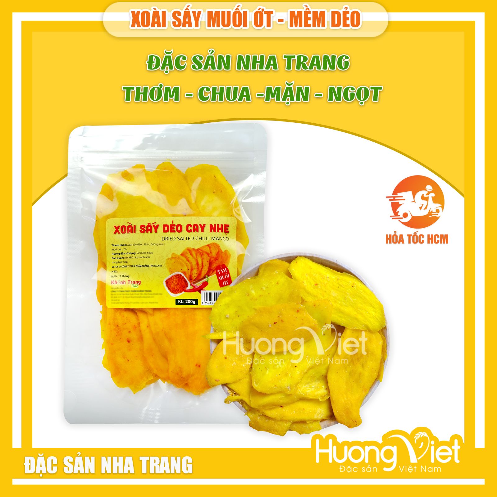 Xoài sấy dẻo muối ớt,  xoài sấy nguyên miếng to, đặc sản Nha Trang vị CHUA - MẶN - NGỌT, mềm dẻo 200