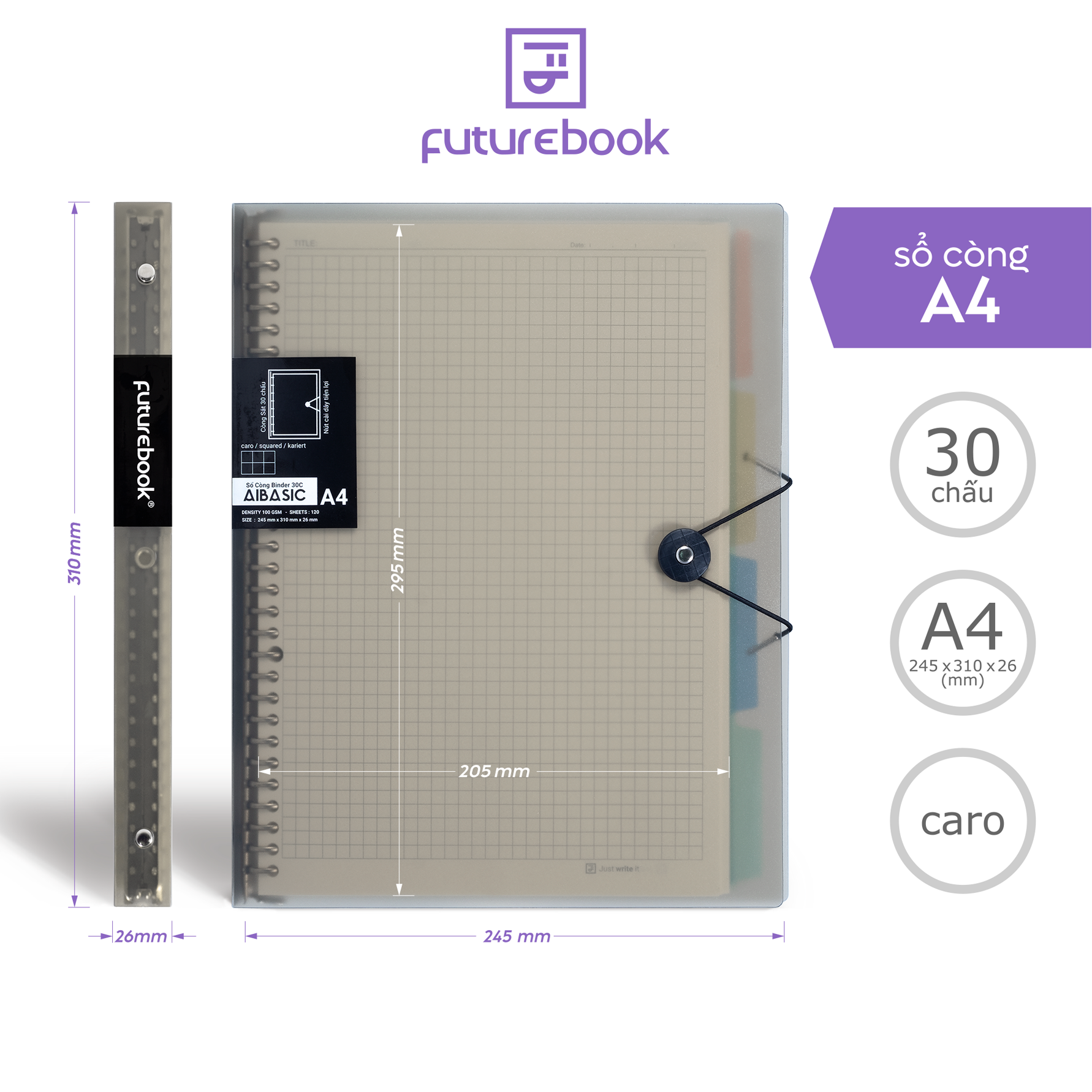 Sổ còng binder aibasic a4 30 chấu, làm sổ tay planner, văn phòng phẩm futurebook.