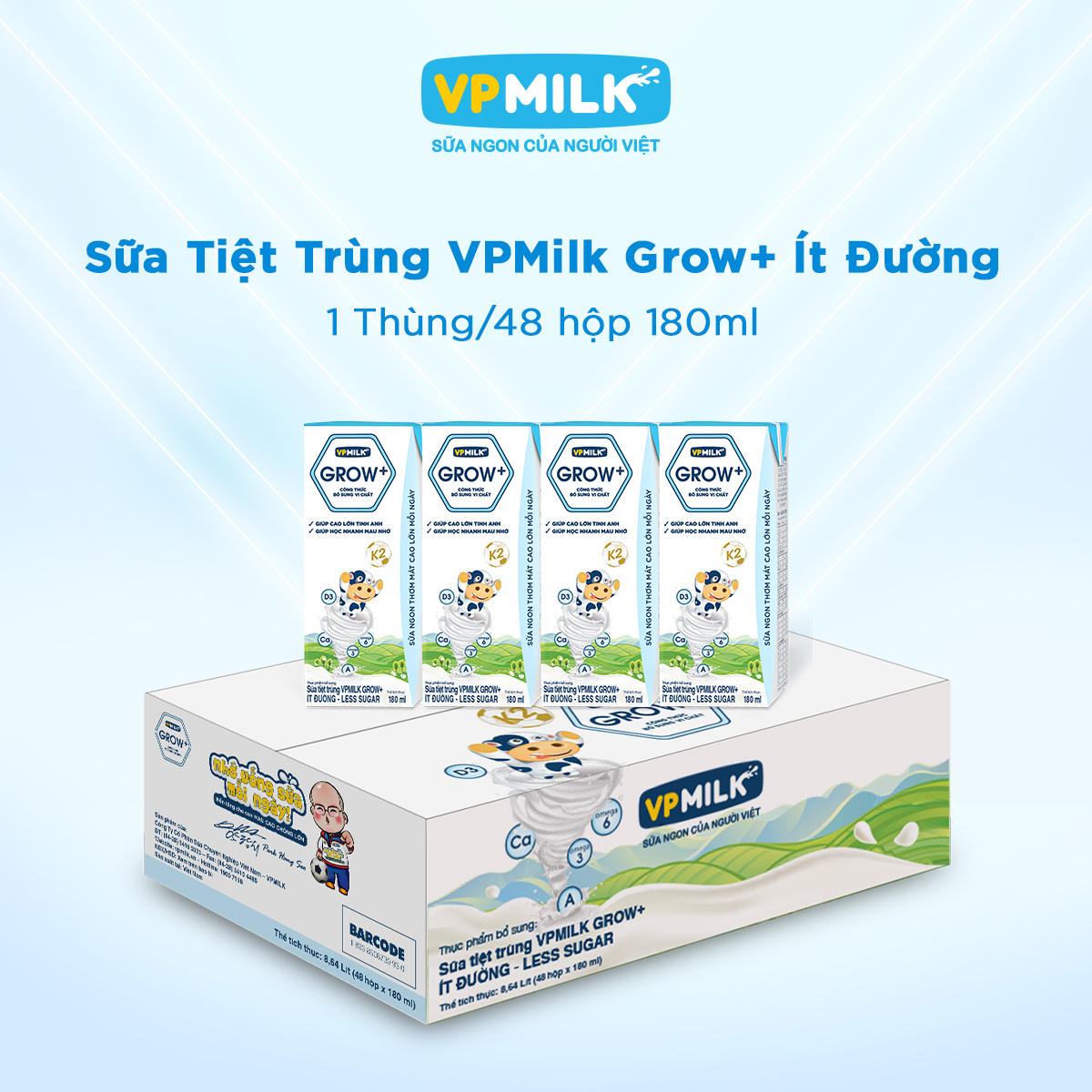 [Thùng 48 Hộp 180ml] Sữa Tiệt Trùng VPMilk Grow+ Ít Đường Cho Bé Từ 1 Tuổi