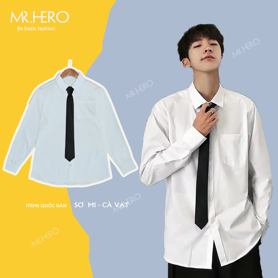 [Tặng kèm cà vạt] Áo sơ mi nam nữ trắng trơn dài tay, cổ bẻ, form rộng, phong cách Hàn Quốc Thời trang MR Hero KB25
