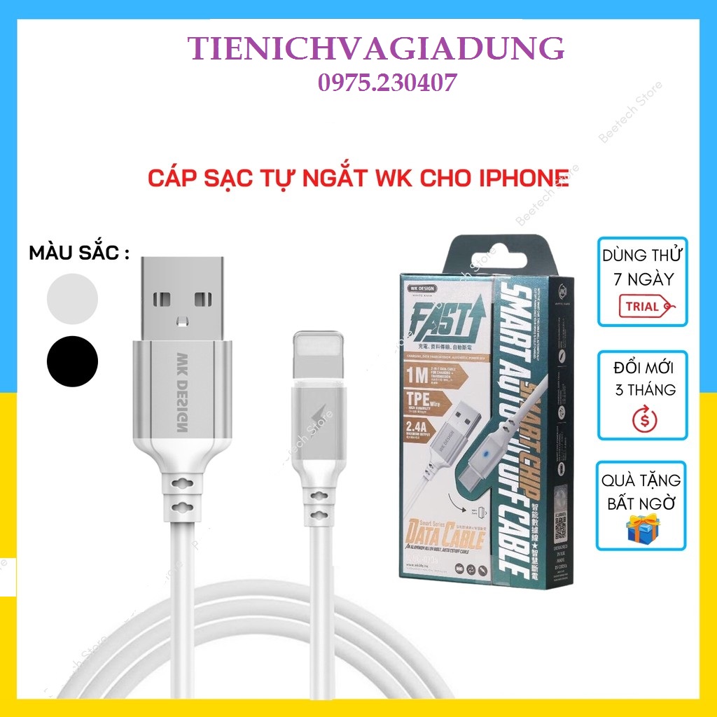 Cáp sạc iphone, dây sạc tự ngắt khi đầy pin chính hãng wk - dây sạc tự ngắt khi pin đầy, chống chai pin, chịu được dòng sạc lớn + bọc thép 2 đầu chống đứt