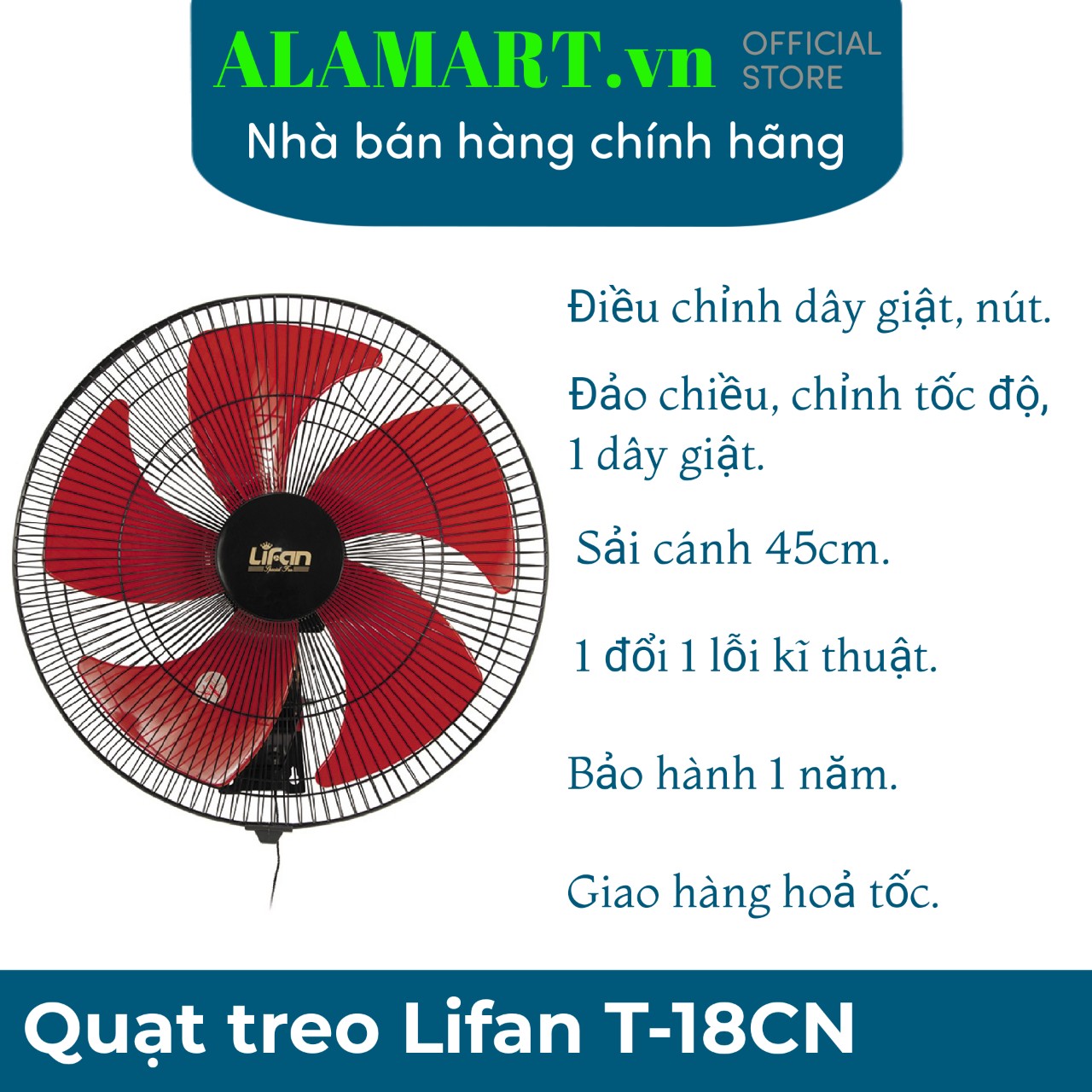 Quạt treo tường lifan t-18cn sải cánh 450mm dùng phòng rộng, xưởng, cà phê, quán ăn