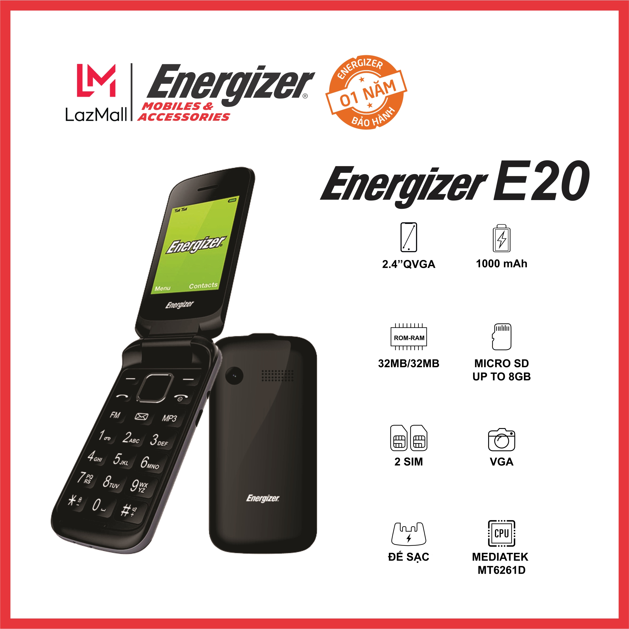 Điện thoại Energizer E20 (2 Sim) – Màn hình lớn 2.4 inchs, Thiết kế nắp gập, Pin Bền, Đầy Đủ Các Tính Năng - Hàng Chính Hãng, Bảo Hành 12 Tháng
