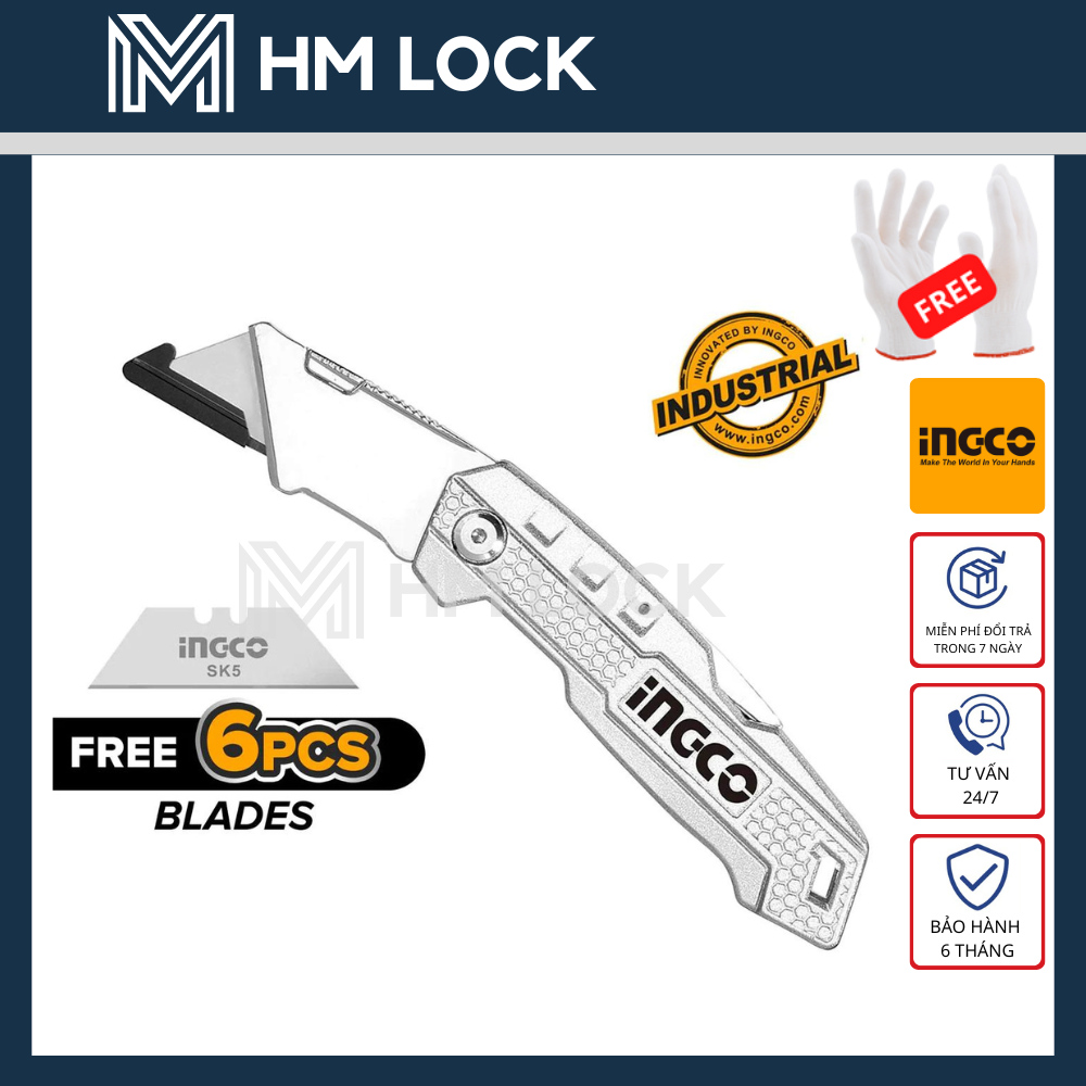Dao rọc xếp 61x19mm ingco kèm theo 5 lưỡi dao sk5 - hàng chính hãng - huk6138