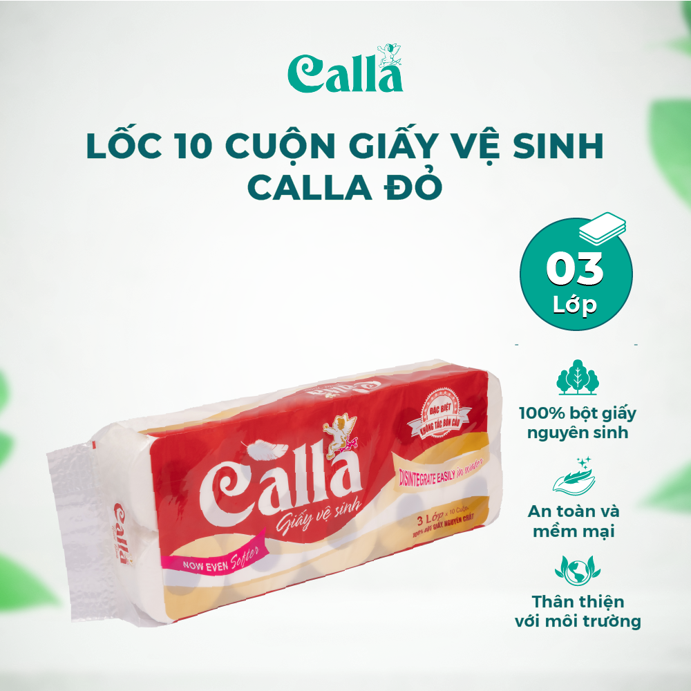 Calla Toilet Paper 3 Layers X 10 Rolls Red with Core, Does Not Clog the Toilet, Soft and Smooth, Dust-Free, No Bleach Chemicals