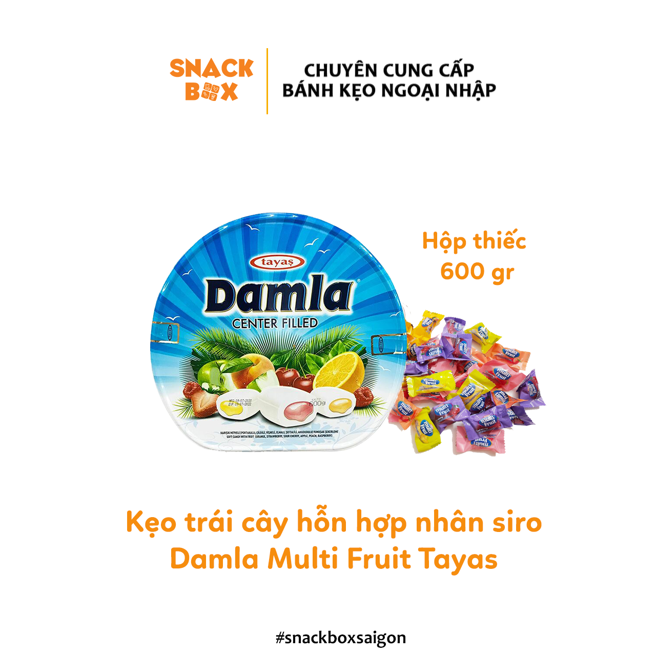 Kẹo trái cây hỗn hợp nhân siro damla multi fruit tayas hộp thiếc 600gr - thổ nhĩ kỳ