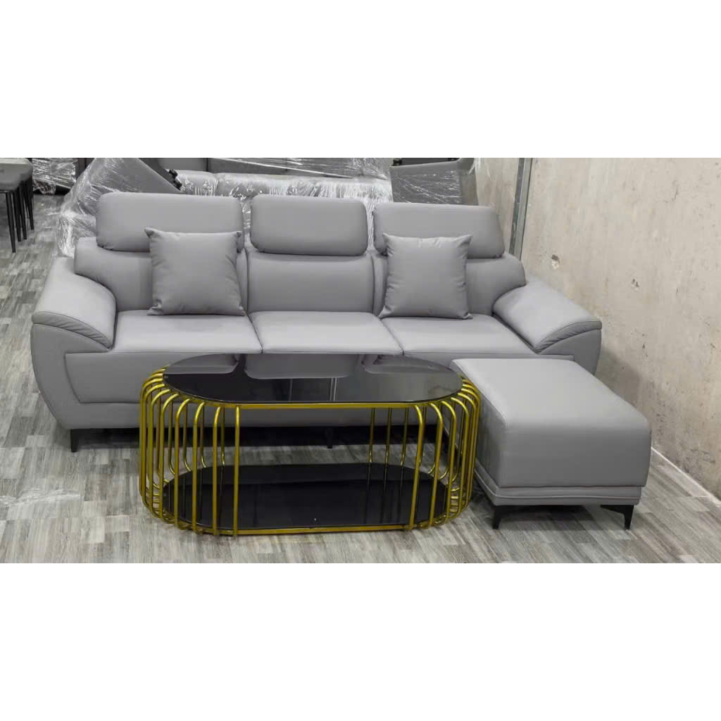  Sofa 2m2 bọc da PU nâu đất kèm bàn trà & đôn – Sofa cao cấp phòng khách chung cư 