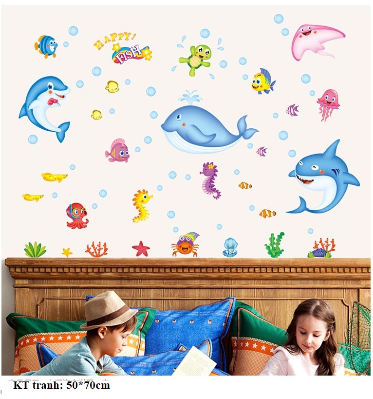[Hoàn Tiền 10%][Nhiều mẫu] Tranh DECAL dán tường Voi con ngộ nghĩnh & cá đại dương - Tranh dán tường động vật cho bé II