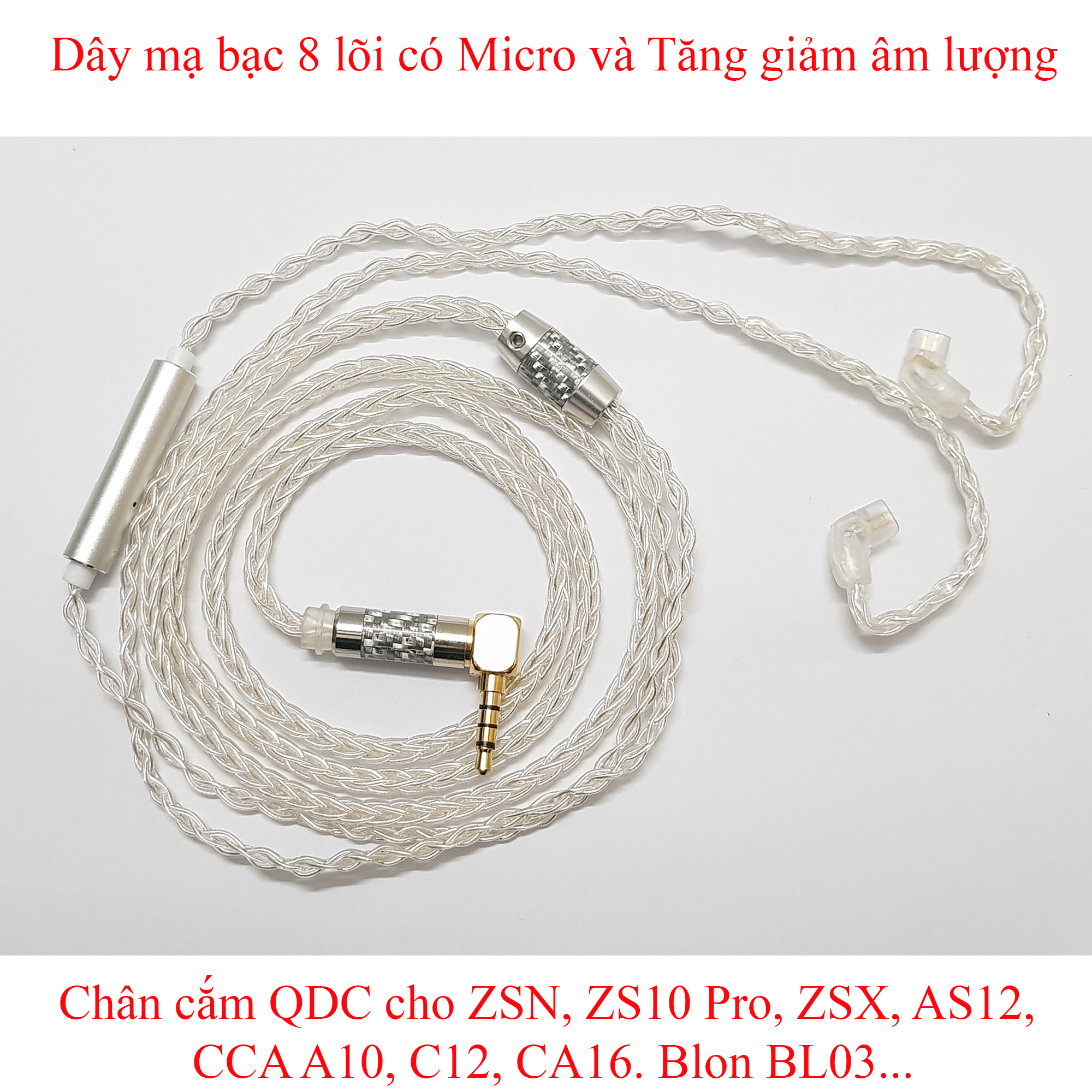 Dây 8 lõi mạ bạc chân QDC có MICRO và Tăng giảm âm lượng cho KZ ZSN, ZS10 Pro, ZSX, AS12, CCA A10, C12, CA16, Blon BL03, BL05...