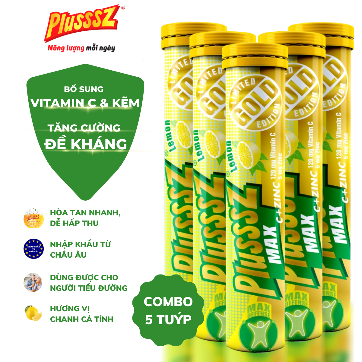 HÀ NỘI -{COMBO5TUYP}  Viên sủi PLUSSSZ MAX VITAMIN C & ZINC (kẽm)  hỗ trợ TĂNG ĐỀ KHÁNG, hỗ trợ tăng miễn dịch