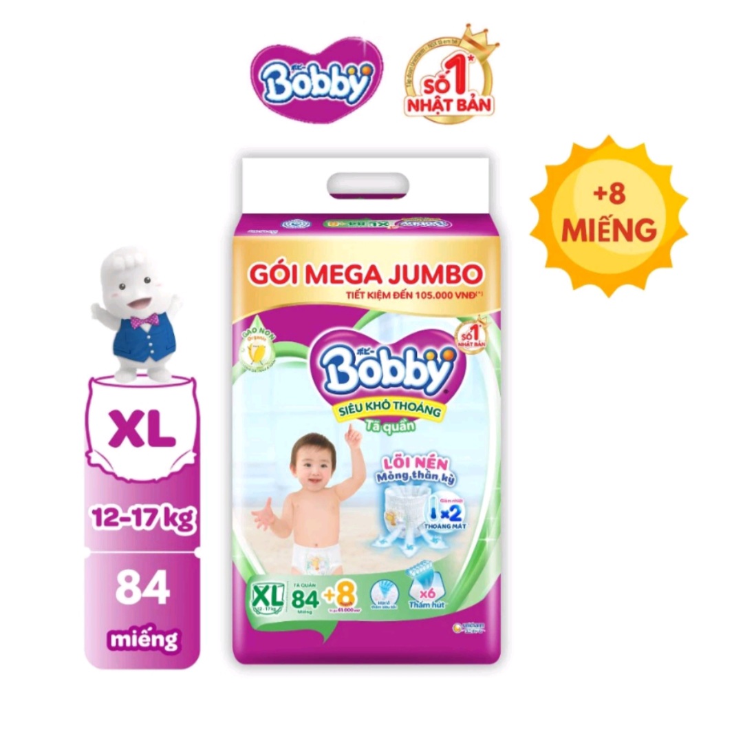 Tã/bỉm quần bobby lõi nén thần kỳ 3mm mega jumbo gạo non xl84/xxl76/m112/l96