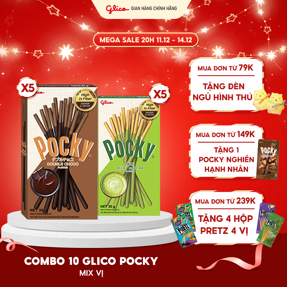  Combo 10 Hộp Bánh Que Phủ Kem Mix 2 Vị Nhân Đôi Socola & Matcha Glico Pocky Happy Set J  5 Double Choco 5 Matcha  