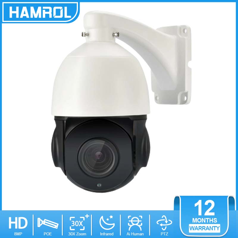 Hamrol 8mp 4k ip camera poe outdoor ptz 30x zoom sd card slot two way audio cctv varifocal h.265 dome poe cctv security camera