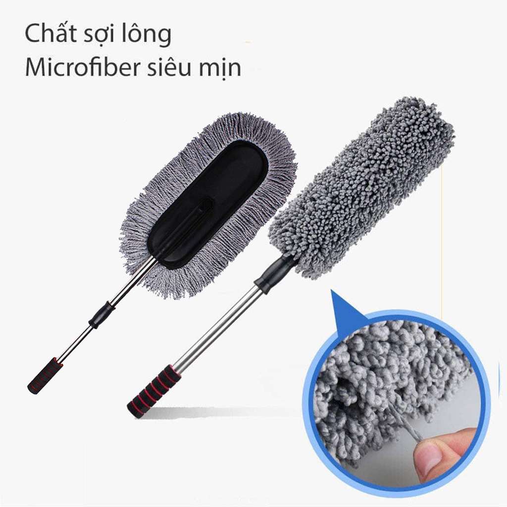 [Đa năng] Chổi lau bụi dọn vệ sinh nội thất cho xe hơi, xe ô tô, xe tải, bàn ghế sofa tại nhà, cây quét bụi bằng sợi quang dầu Polime tổng hợp cao cấp, cán dài kim loại
