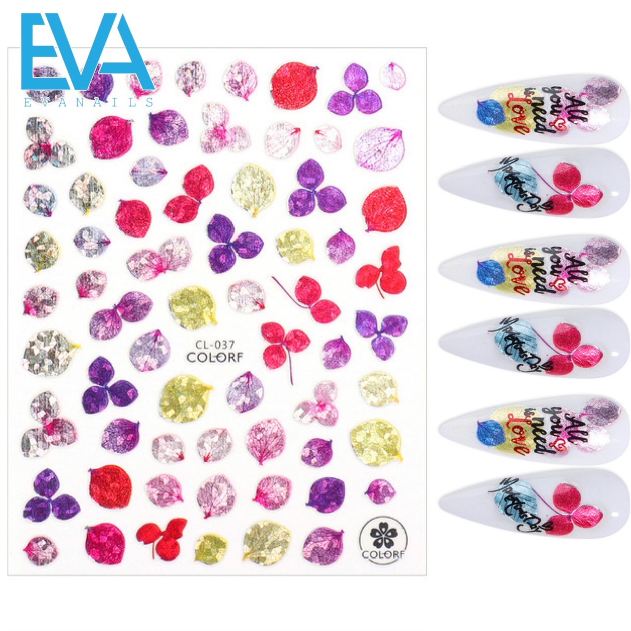 Sticker dán móng tay 3d dạng decal dán chống nước hoạ tiết hoa khô fan leaf dried flower ánh nhũ lấp lánh cl037