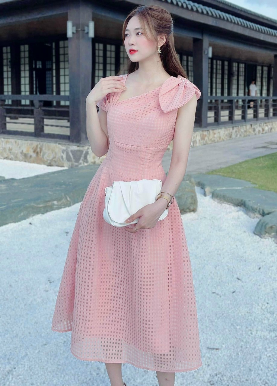 Đầm suông cổ lệch có nơ dự tiệc chất von cổ áo lệch có nơ thắt kiểu eo ôm đầm váy xòe qua gối đầm có 1 màu