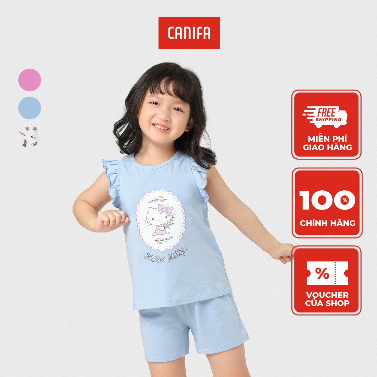 Bộ quần áo mặc nhà bé gái in Hellokitty CANIFA bộ đồ mặc nhà chất liệu cotton áo cổ tròn tay cánh tiên quần soóc cạp chun 1LS23S006