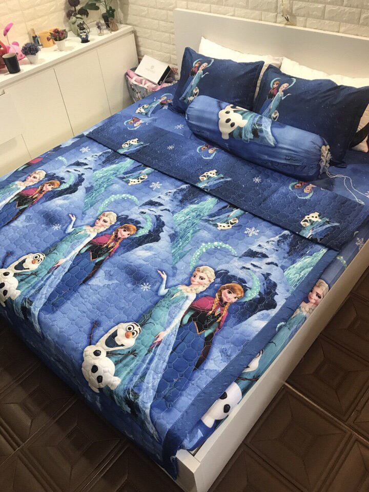 Chăn hè thu trần bông 3 lớp cotton poly 1m8x2m mẫu công chúa elsa xanh