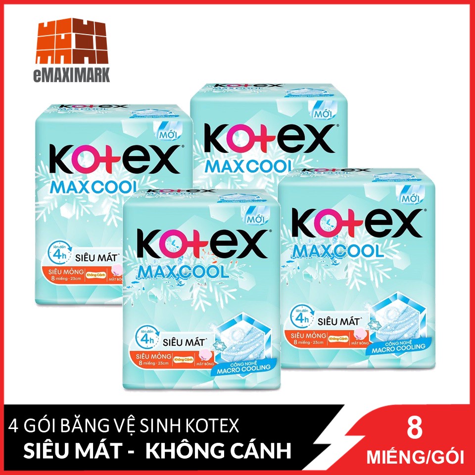 Combo 4 băng vệ sinh siêu mỏng không cánh 23cm 8 miếng kotex maxcool mặt bông mềm mại